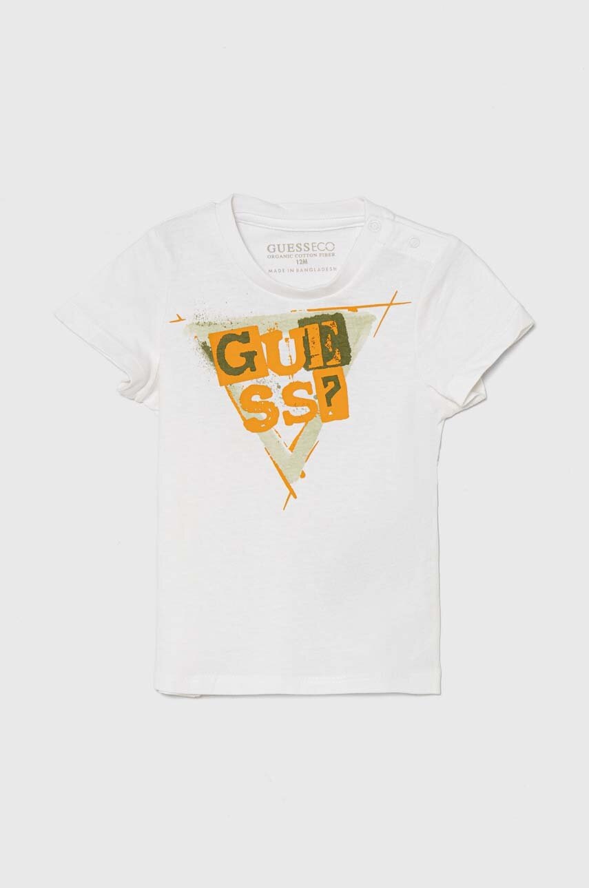 

Бебешка памучна тениска Guess в бяло с принт, Бял