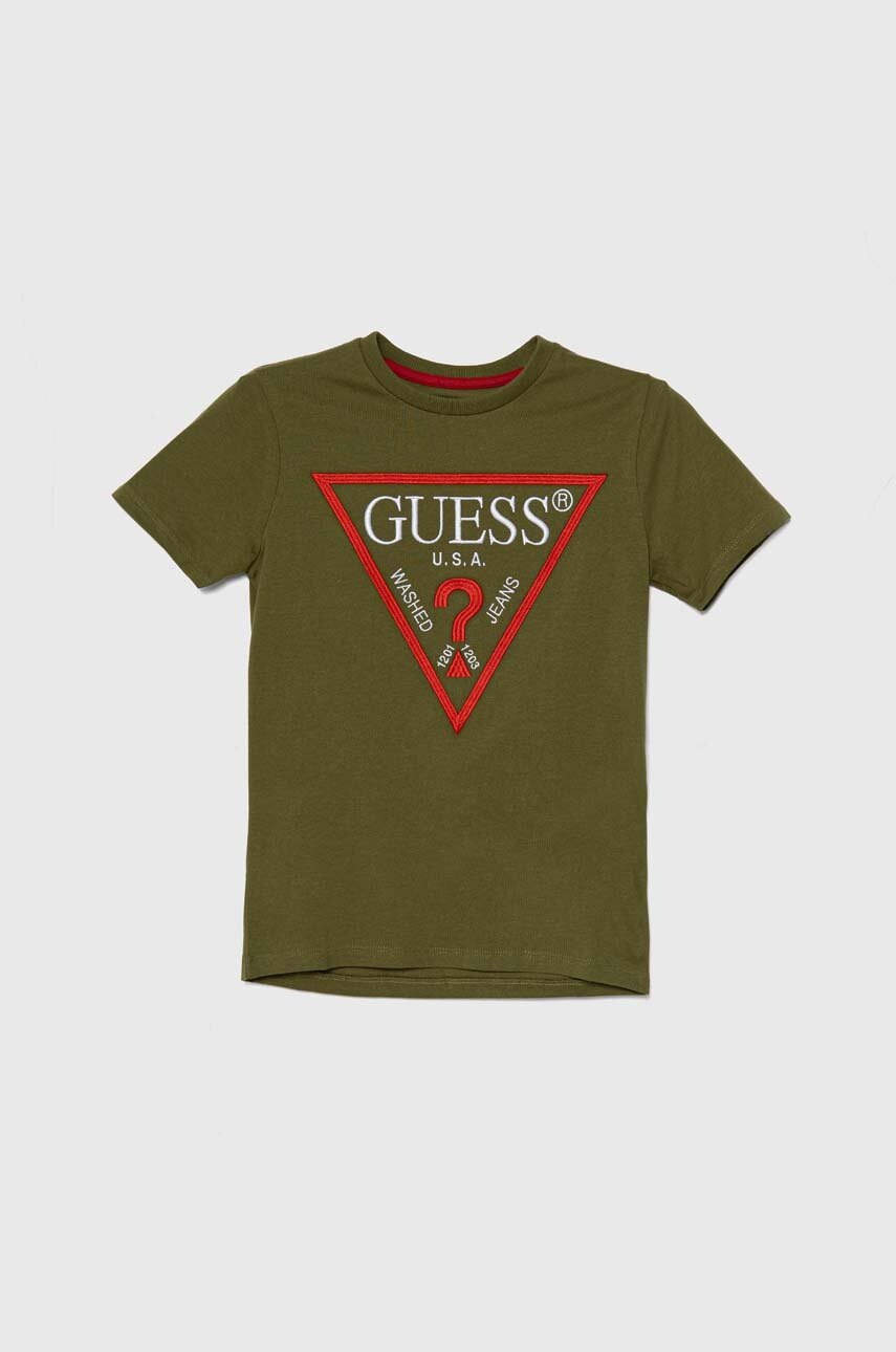

Детска памучна тениска Guess в зелено с апликация, Зелен