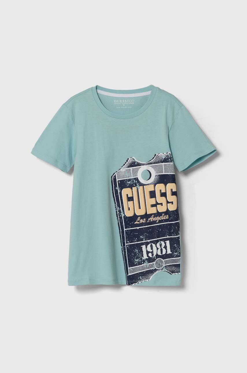 

Детска памучна тениска Guess в синьо с принт, Син
