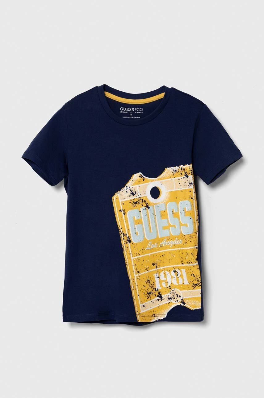 

Детска памучна тениска Guess в тъмносиньо с принт, Тъмносин