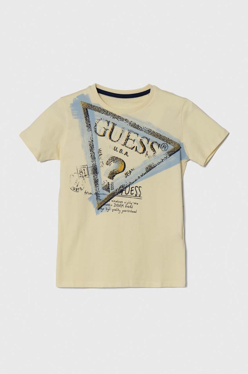 Детская хлопковая футболка Guess цвет жёлтый с принтом