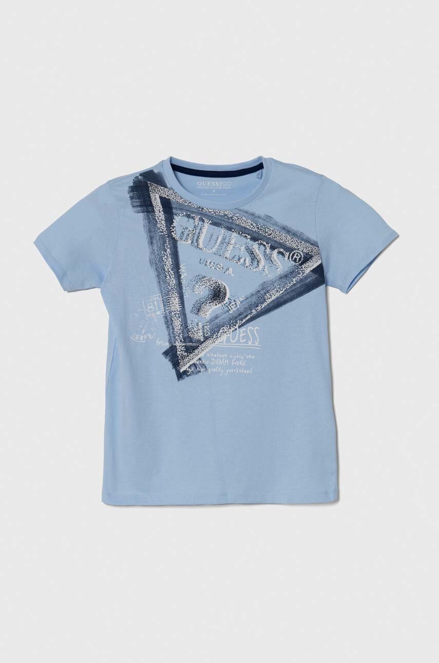 

Детска памучна тениска Guess в синьо с принт, Син