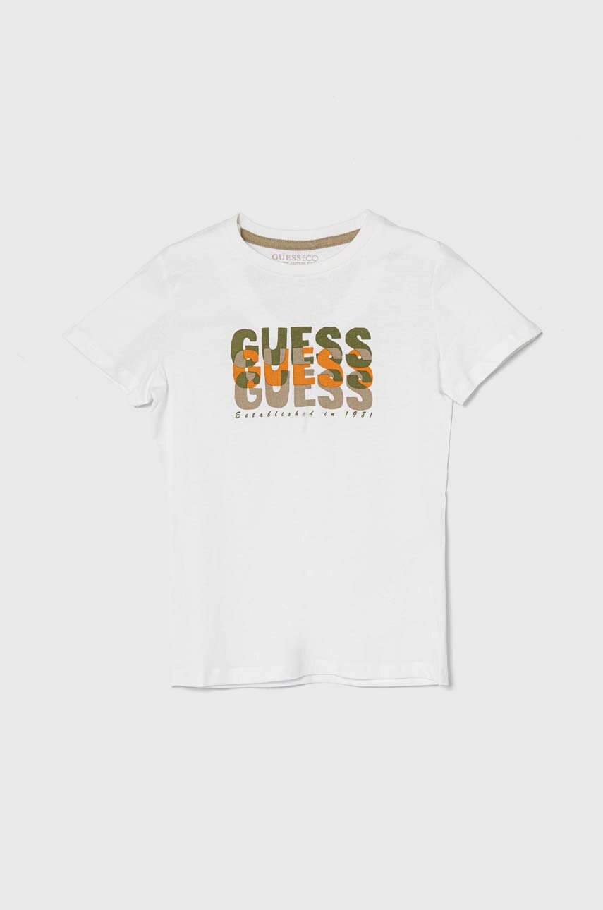 

Детска памучна тениска Guess в бяло с принт, Бял