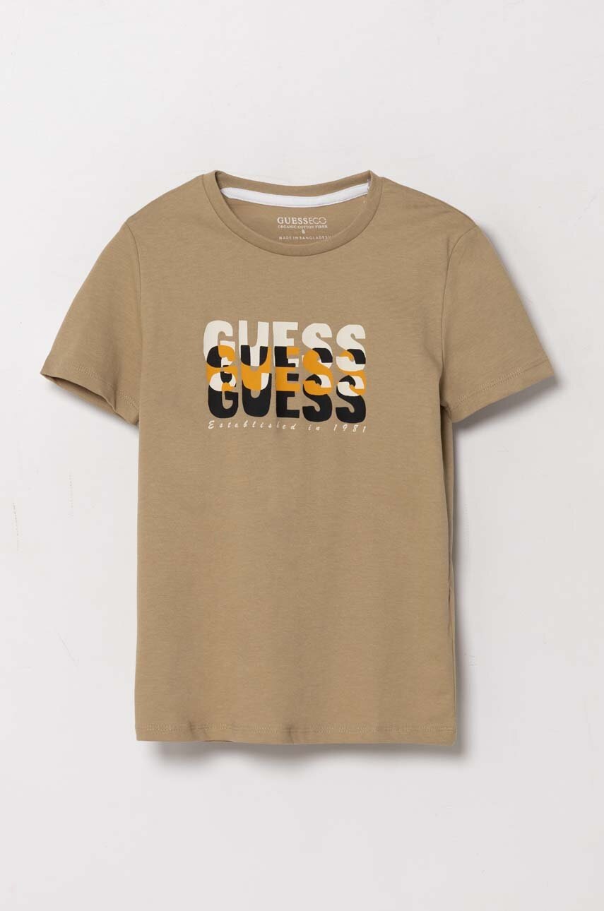 

Детска памучна тениска Guess в бежово с принт, Бежов