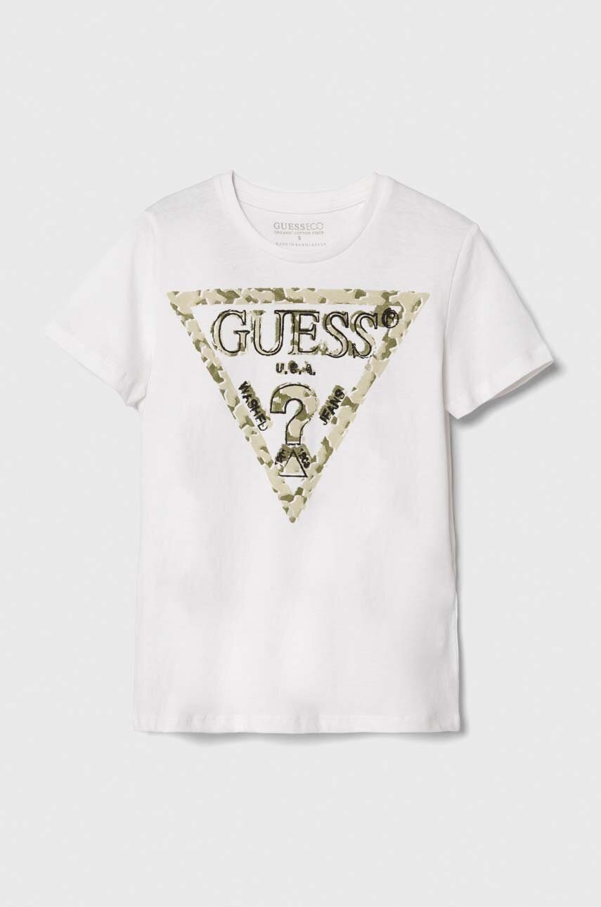

Детска памучна тениска Guess в бяло с принт, Бял