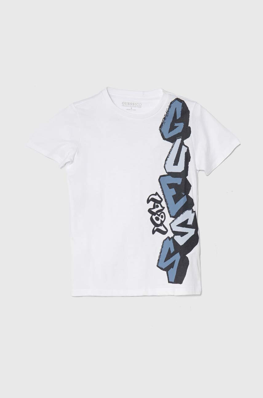 

Детска памучна тениска Guess в бяло с принт, Бял