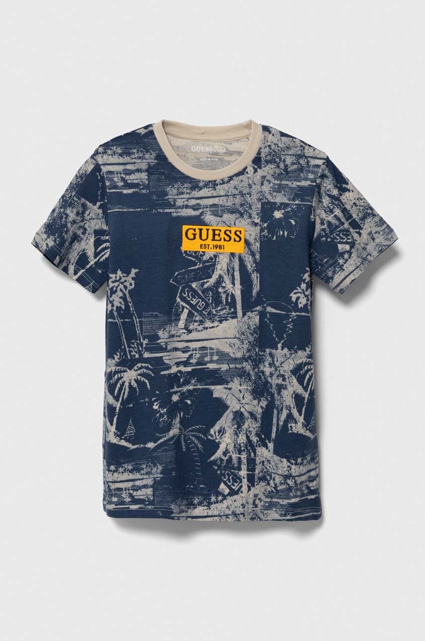 

Детска памучна тениска Guess в тъмносиньо с десен, Тъмносин
