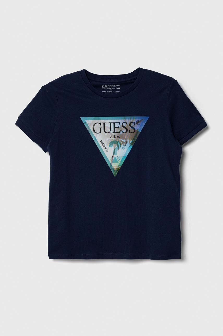 

Детска памучна тениска Guess в тъмносиньо с апликация, Тъмносин