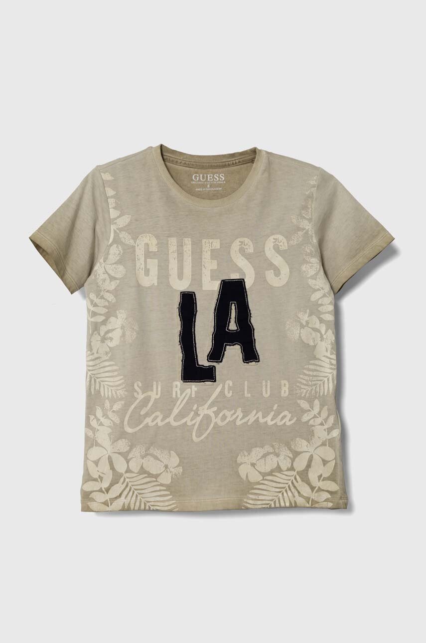 

Детска памучна тениска Guess в бежово с принт, Бежов
