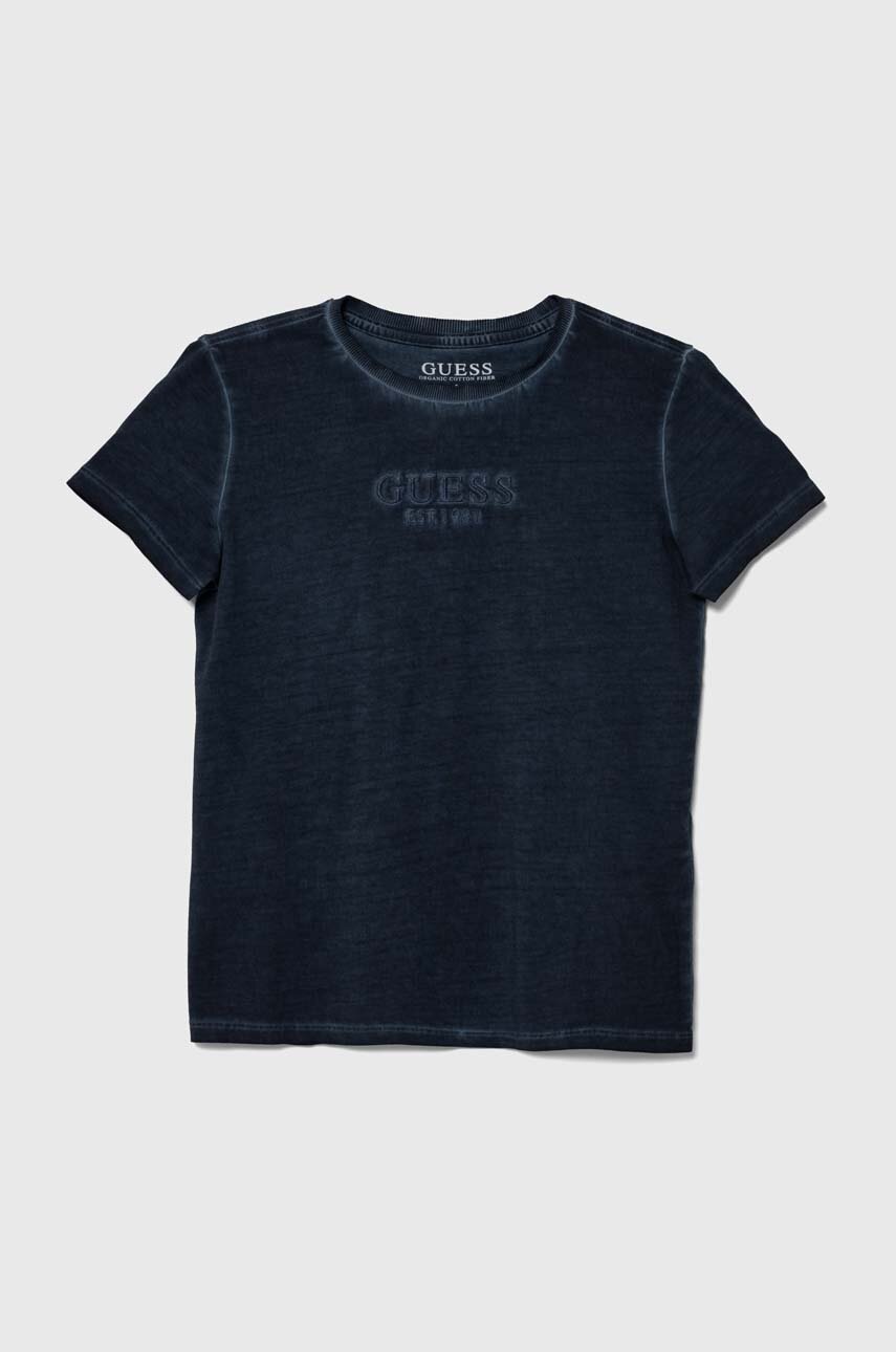 

Детска памучна тениска Guess в тъмносиньо с апликация, Тъмносин