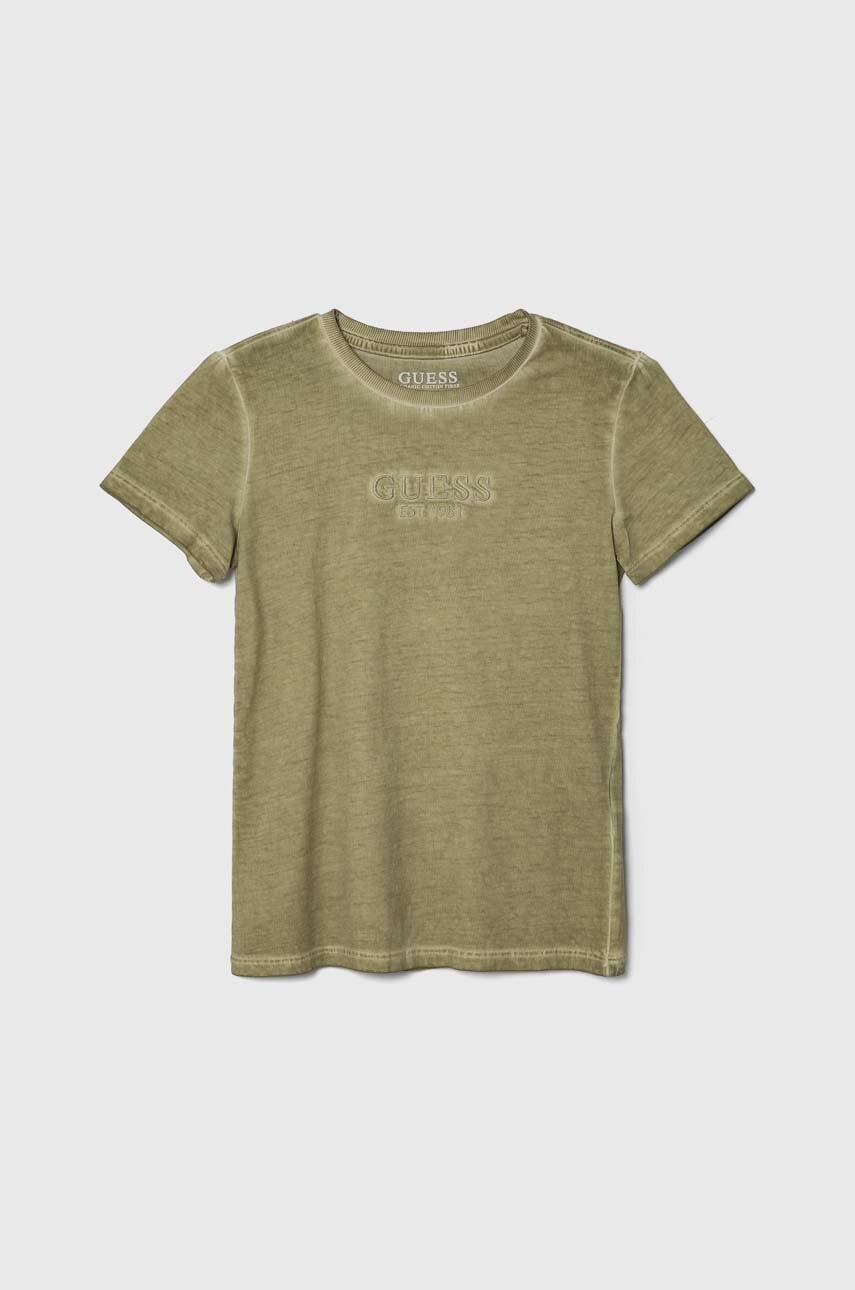 

Детска памучна тениска Guess в зелено с апликация, Зелен