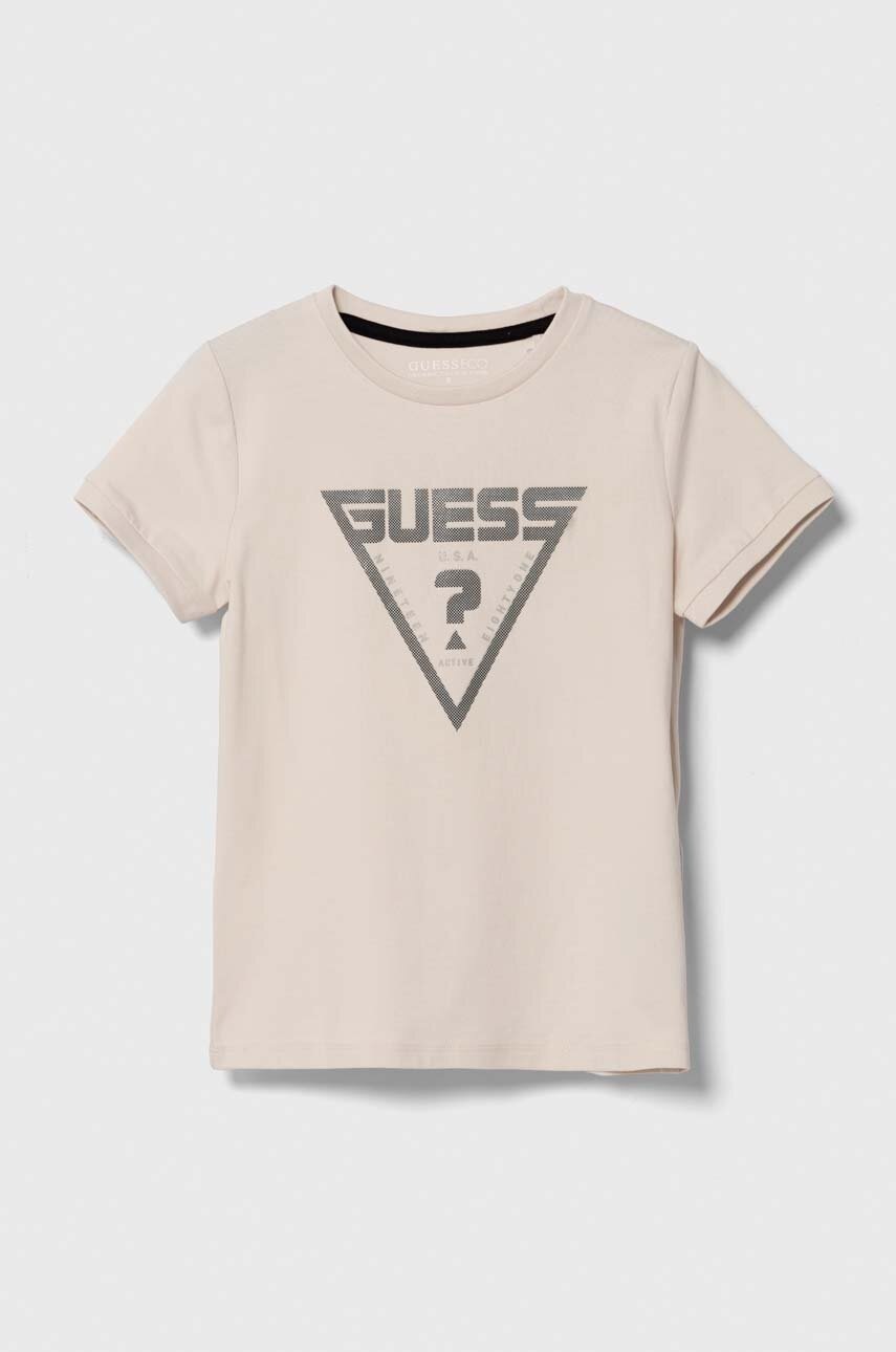

Детска тениска Guess в бежово с принт, Бежов