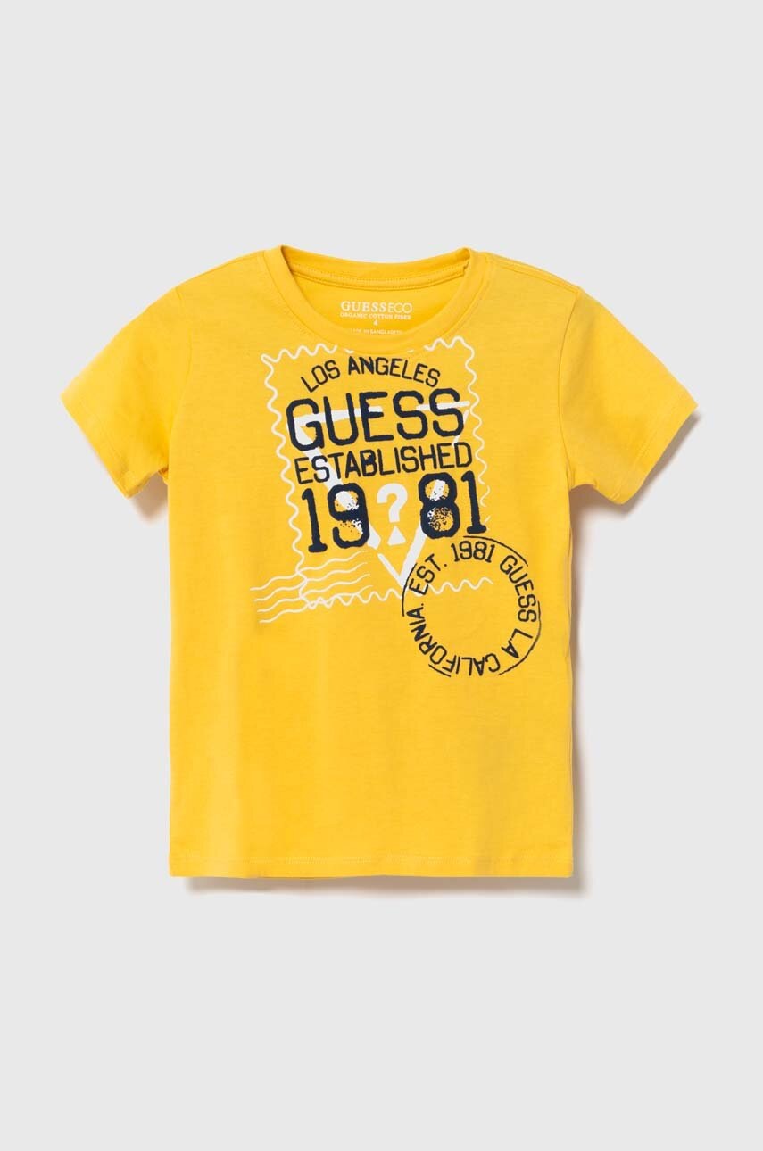 

Памучна тениска Guess в жълто с принт, Жълт