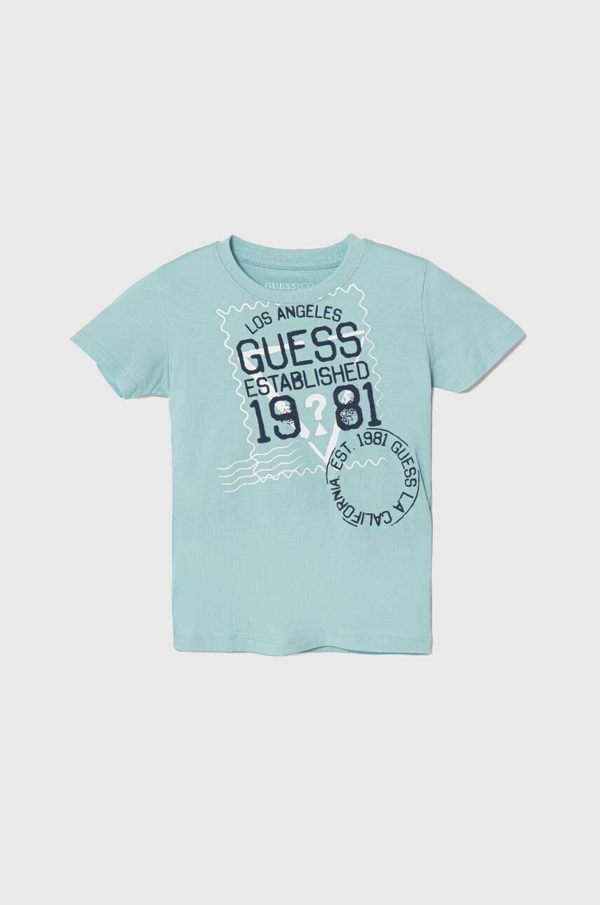 

Памучна тениска Guess в синьо с принт, Син