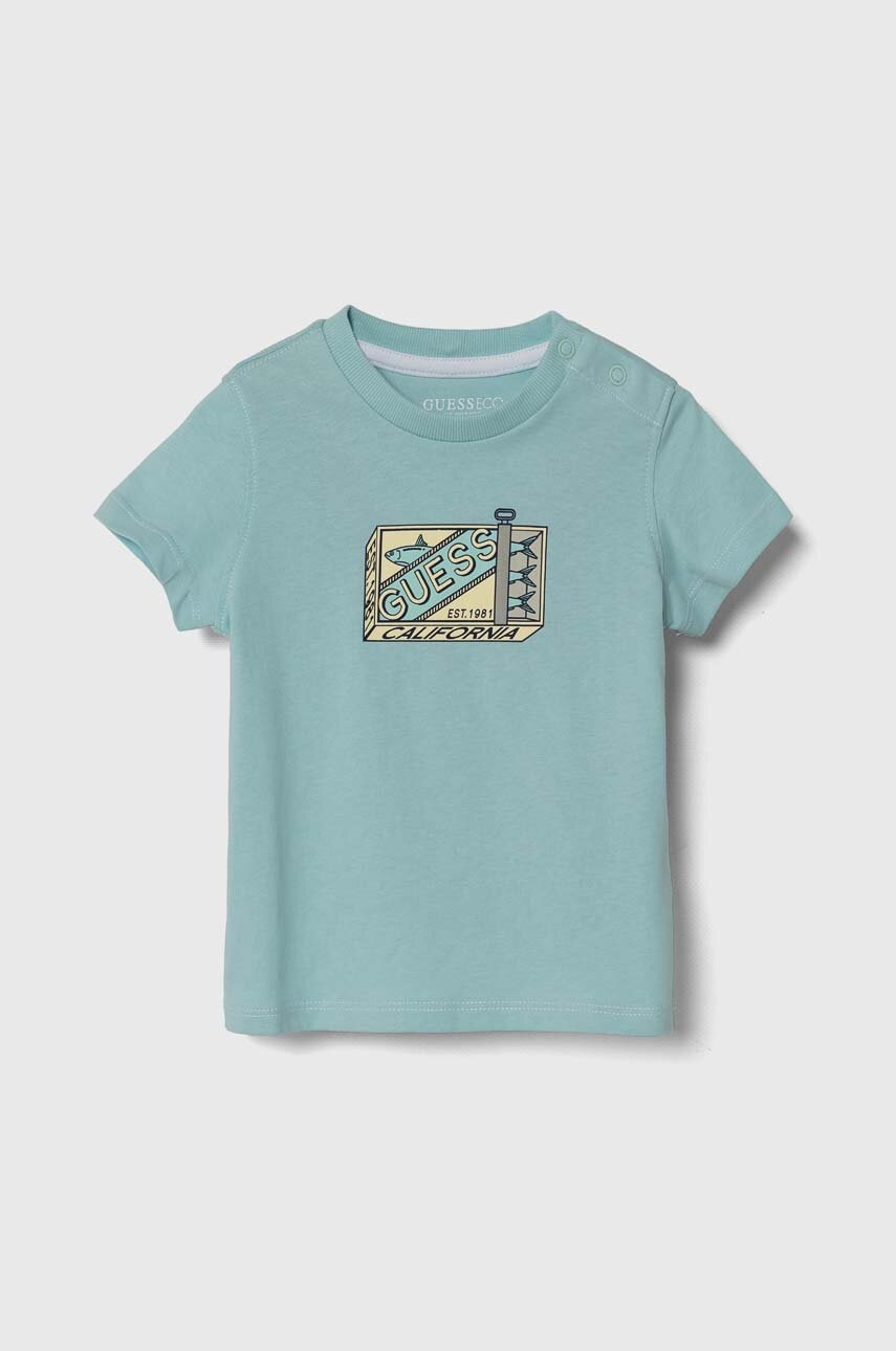 

Детска памучна тениска Guess в синьо с принт, Син
