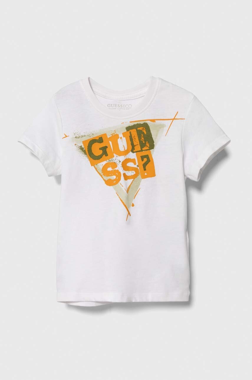 

Детска памучна тениска Guess в бяло с принт, Бял