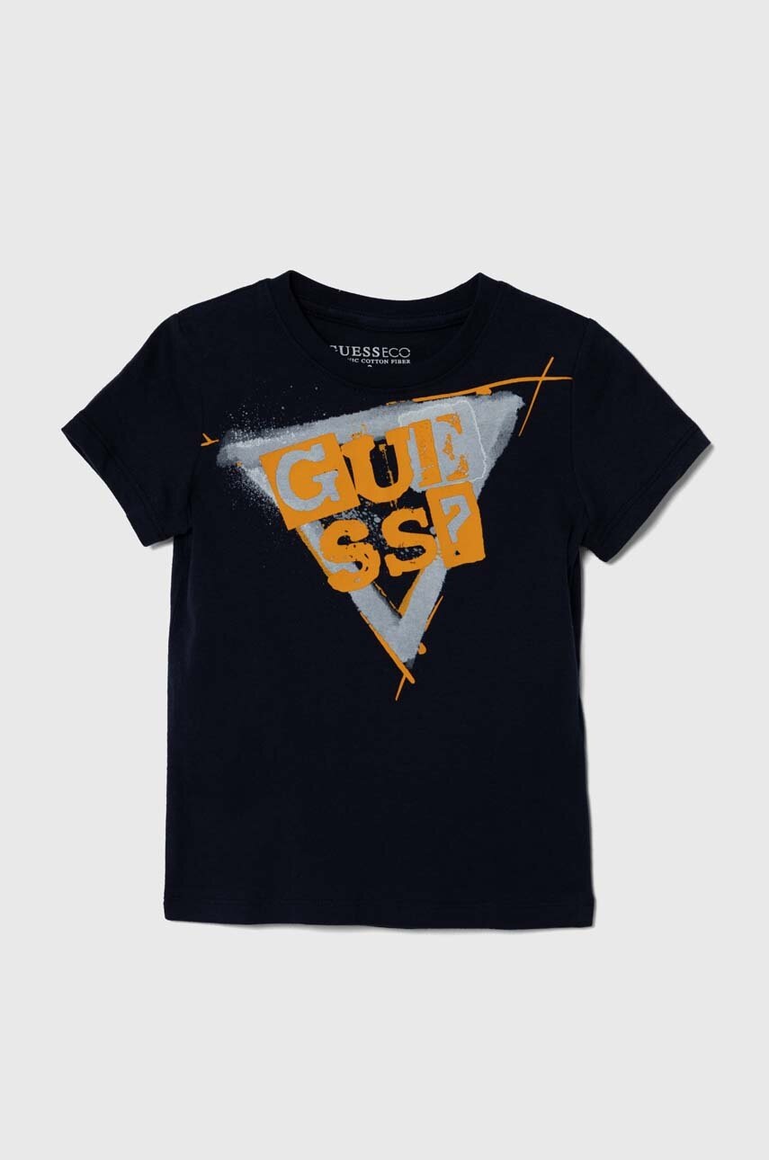 

Детска памучна тениска Guess в тъмносиньо с принт, Тъмносин