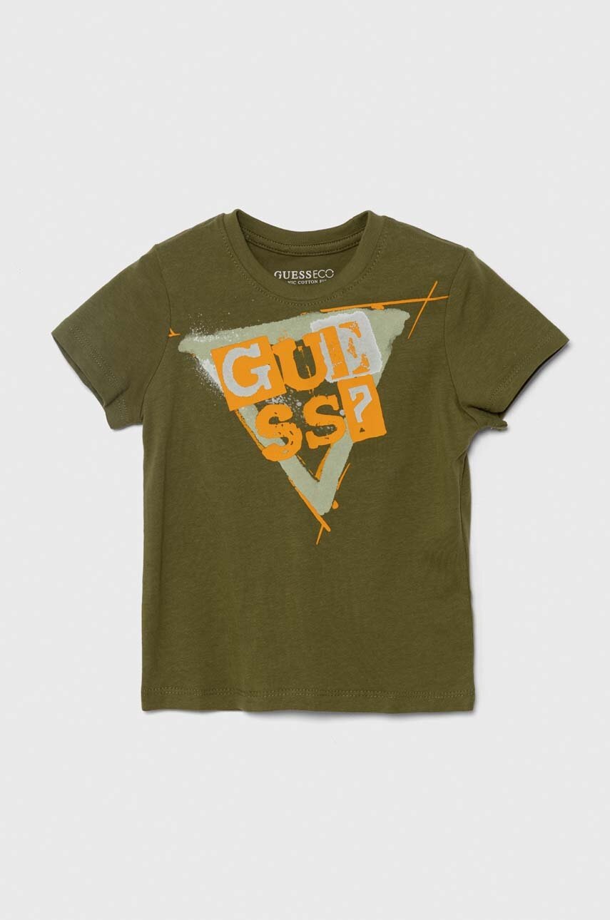 

Детска памучна тениска Guess в зелено с принт, Зелен
