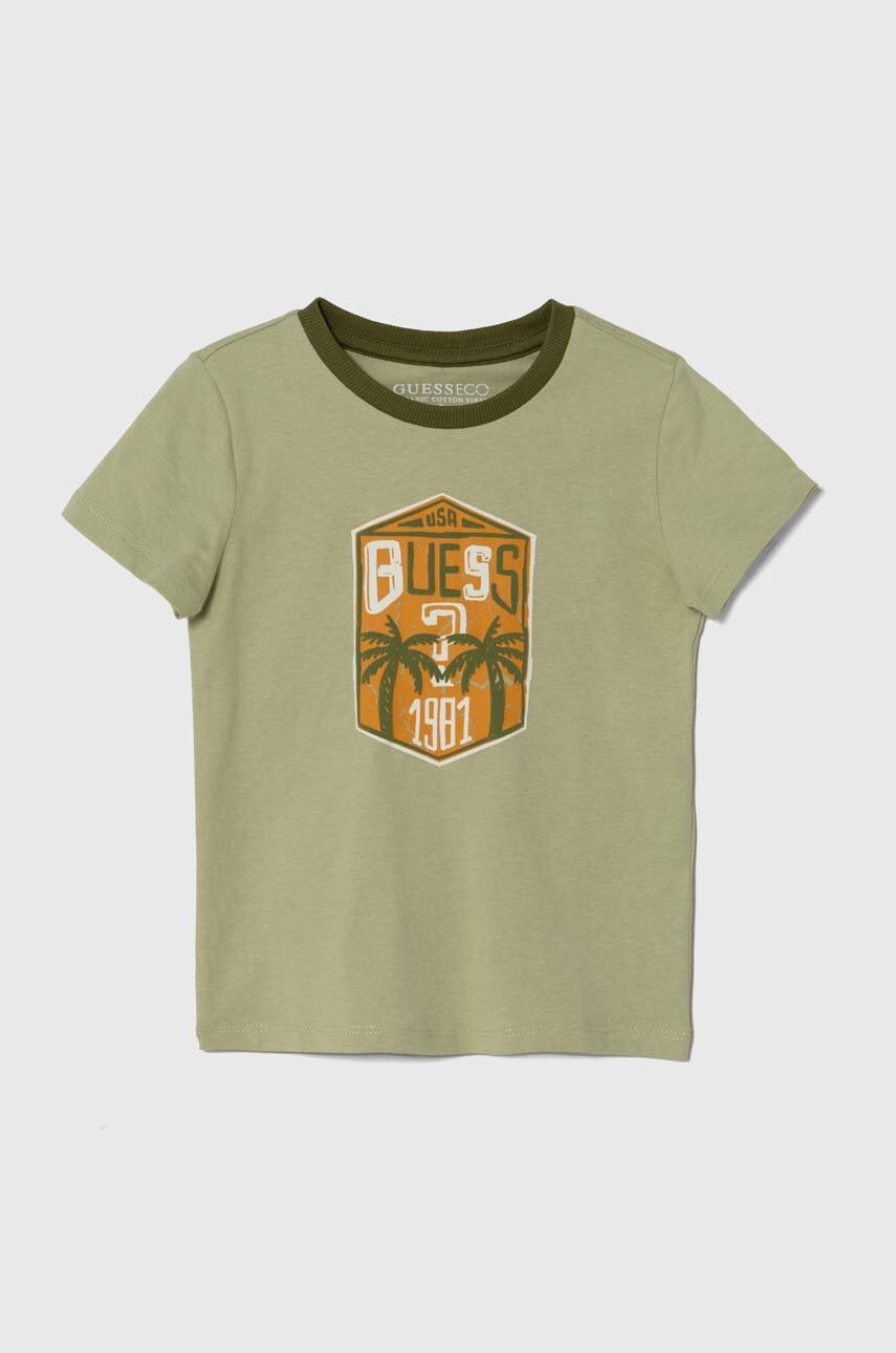 

Детска памучна тениска Guess в зелено с принт, Зелен