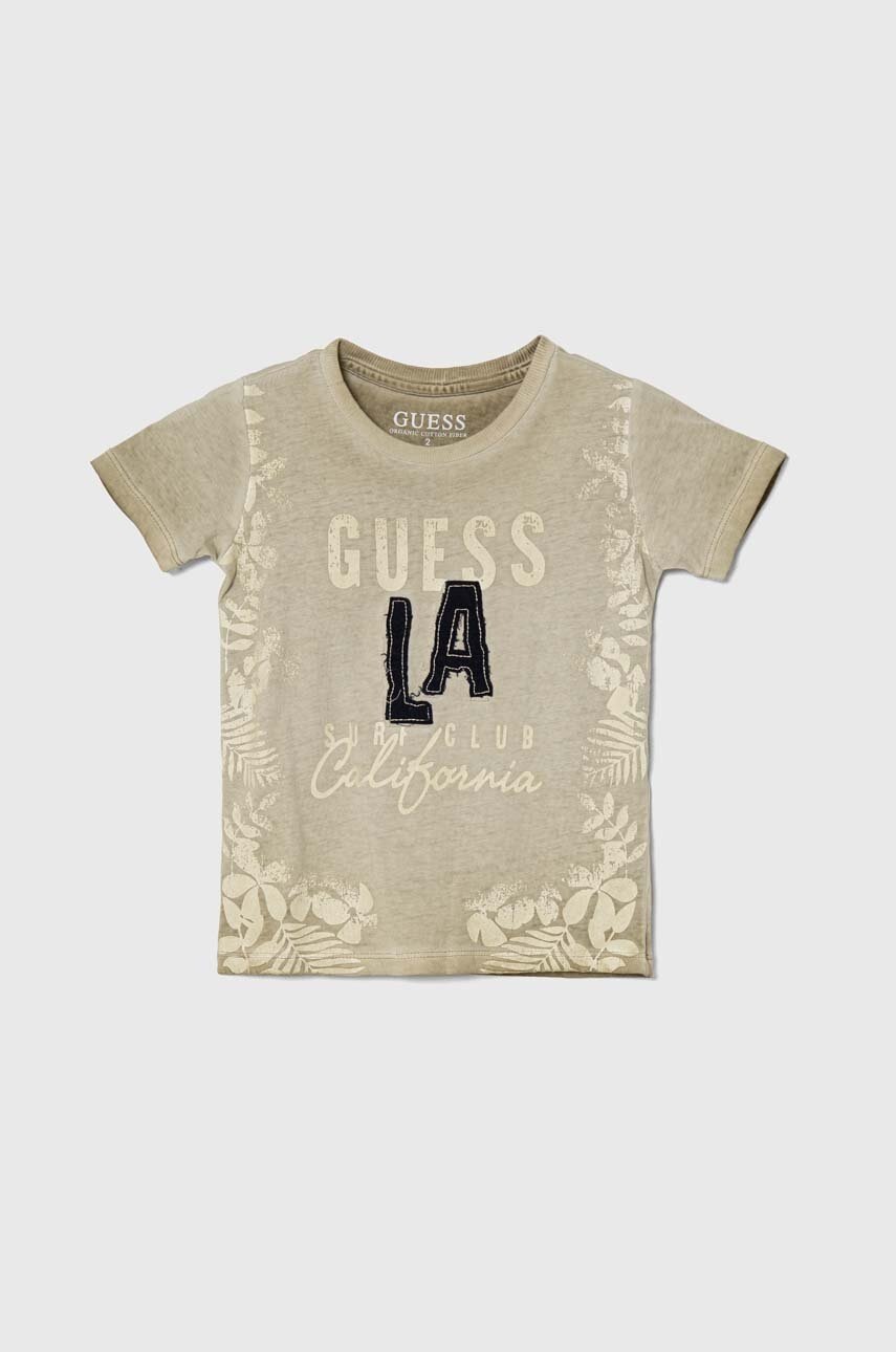 

Детска памучна тениска Guess в бежово с принт, Бежов