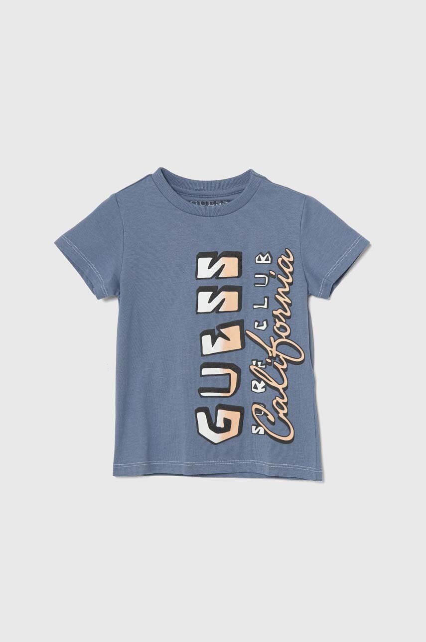 

Детска памучна тениска Guess в синьо с принт, Син