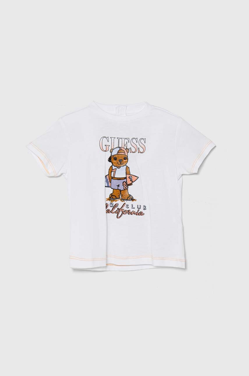 

Детска памучна тениска Guess в бяло с принт, Бял