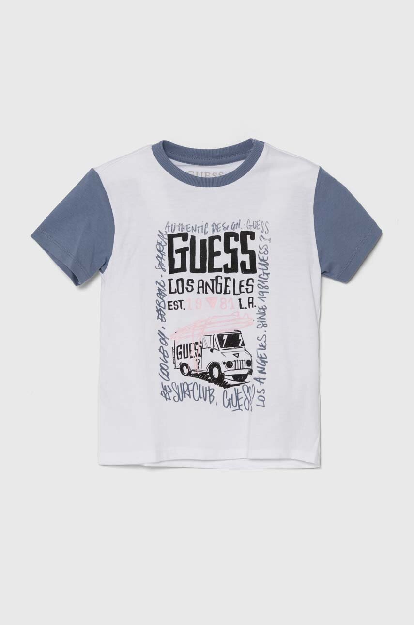 

Детска памучна тениска Guess в бяло с десен, Бял