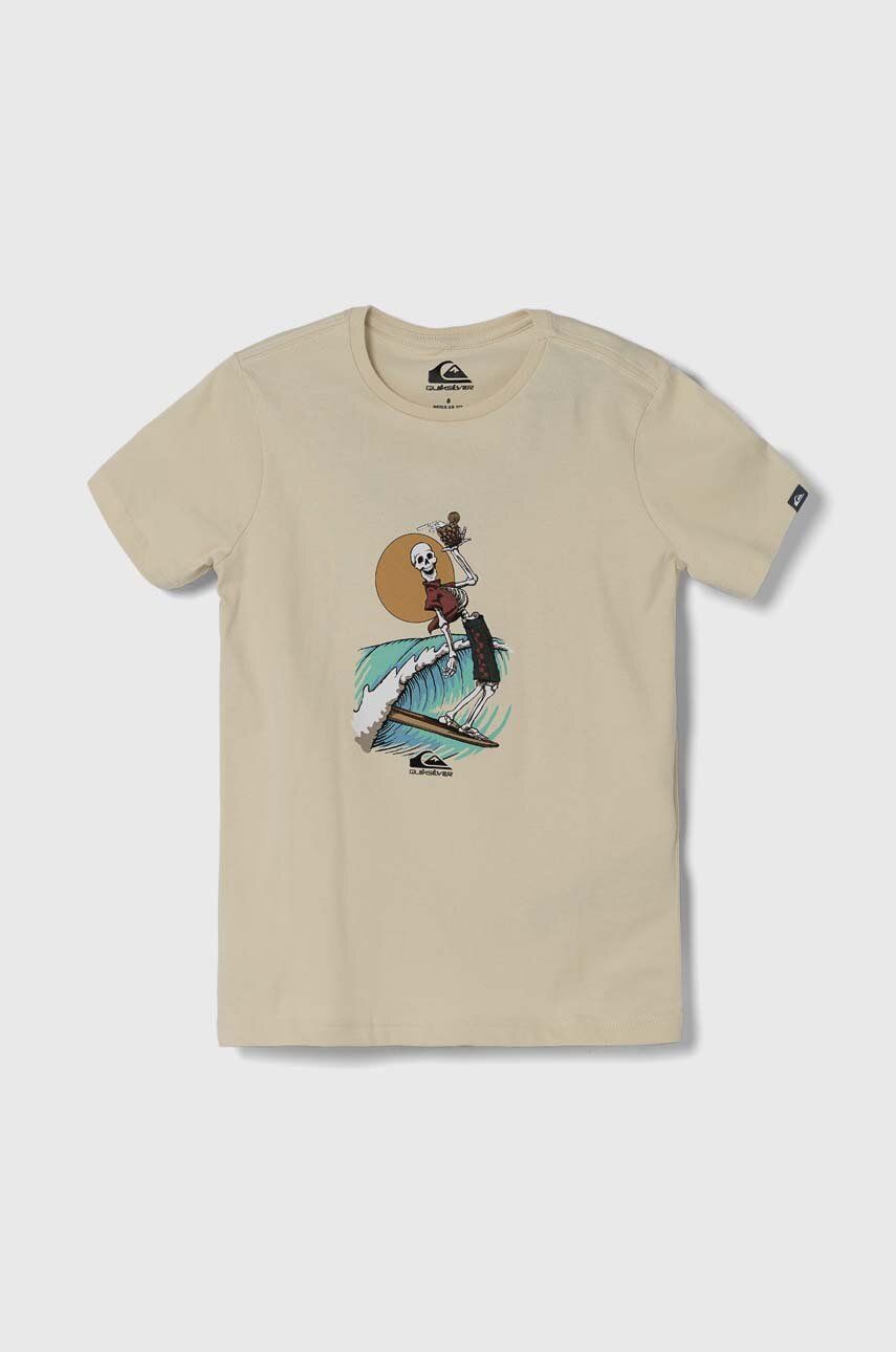Quiksilver tricou de bumbac pentru copii NEVERENDINGSURF culoarea bej, cu imprimeu