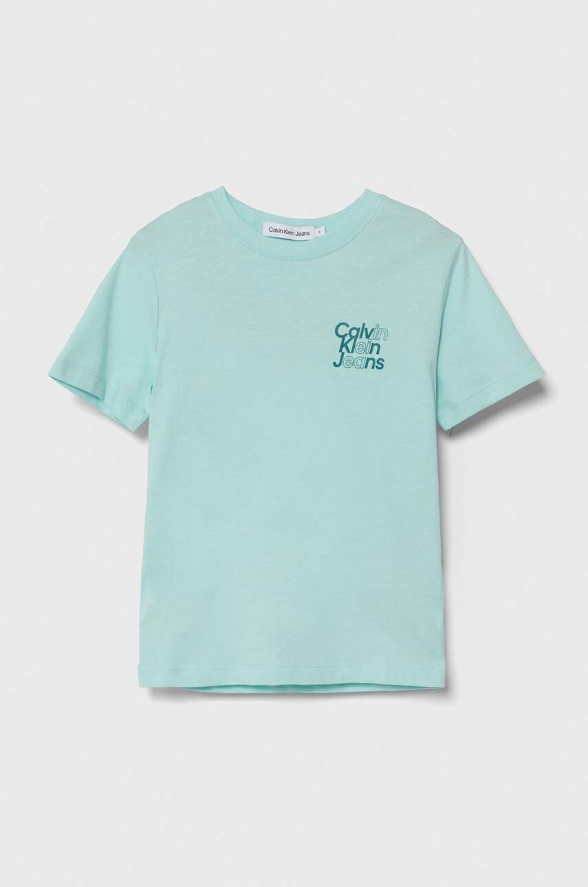 

Детска памучна тениска Calvin Klein Jeans в тюркоазено с принт, Тюркоазен