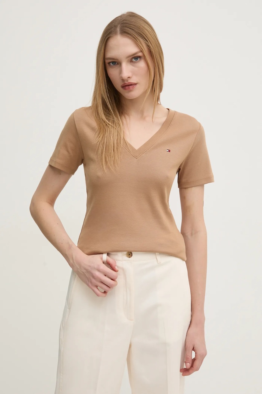 

Памучна тениска Tommy Hilfiger в кафяво WW0WW40584, Кафяв