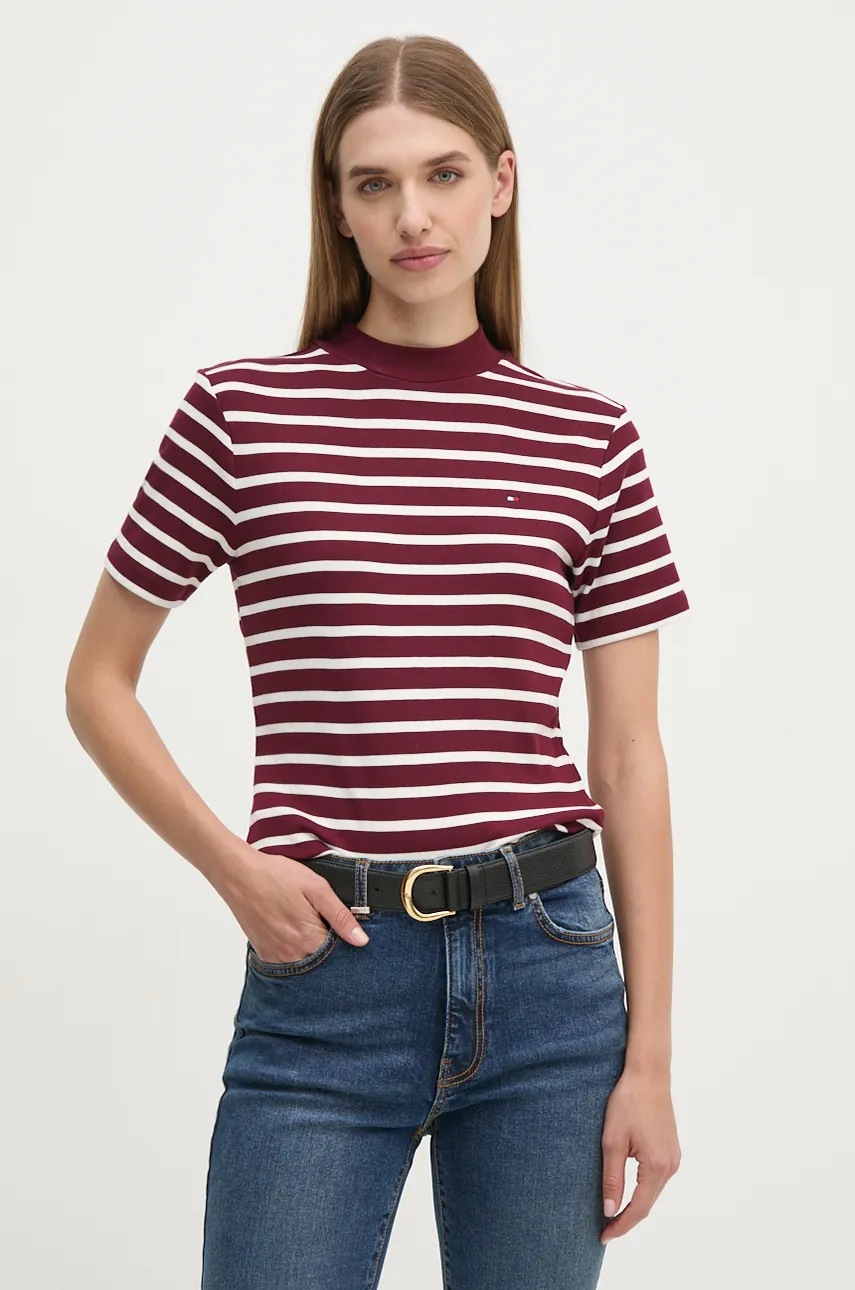 

Памучна тениска Tommy Hilfiger в бордо с ниско поло