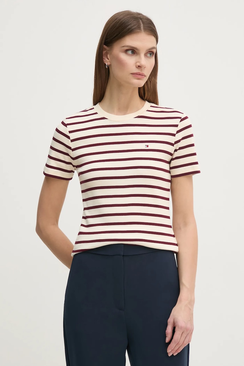 Levně Bavlněné tričko Tommy Hilfiger béžová barva, WW0WW40587
