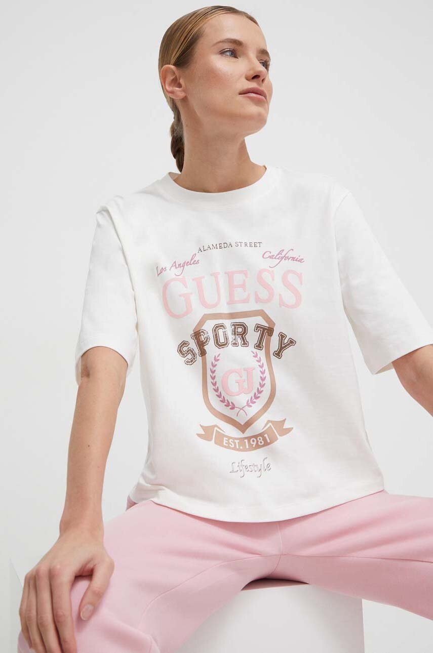 

Хлопковая футболка Guess женский цвет бежевый