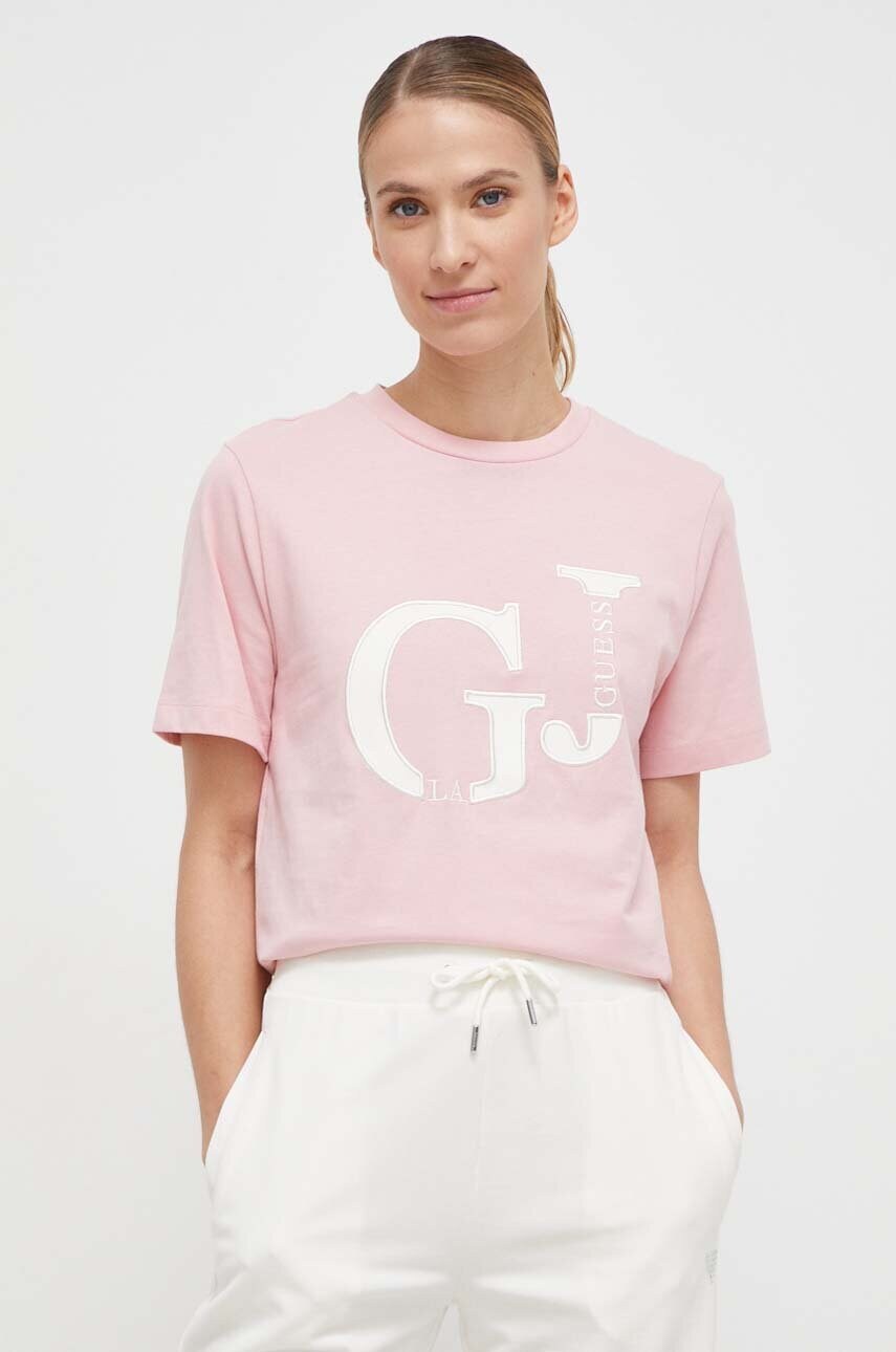 

Хлопковая футболка Guess женский цвет розовый