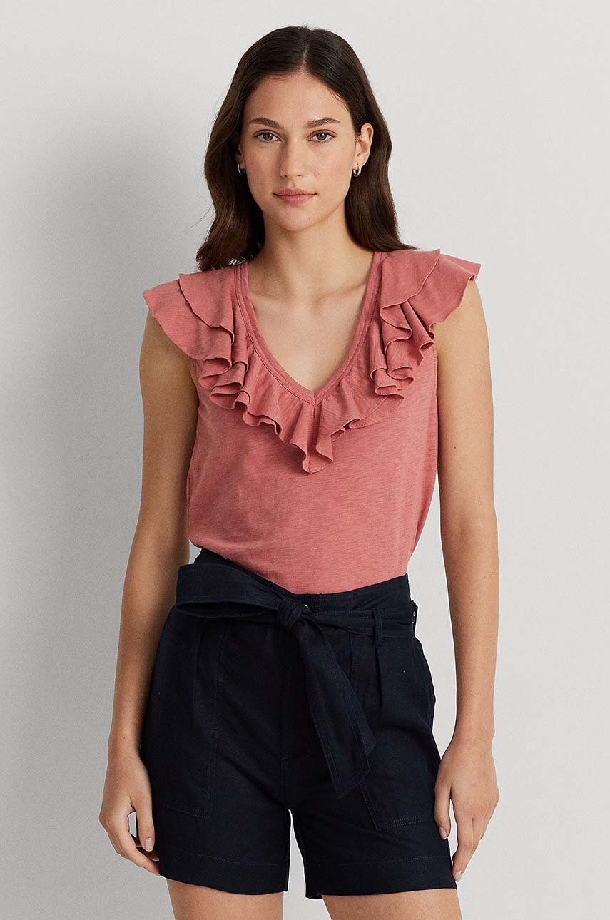 Levně Bavlněné tričko Lauren Ralph Lauren růžová barva