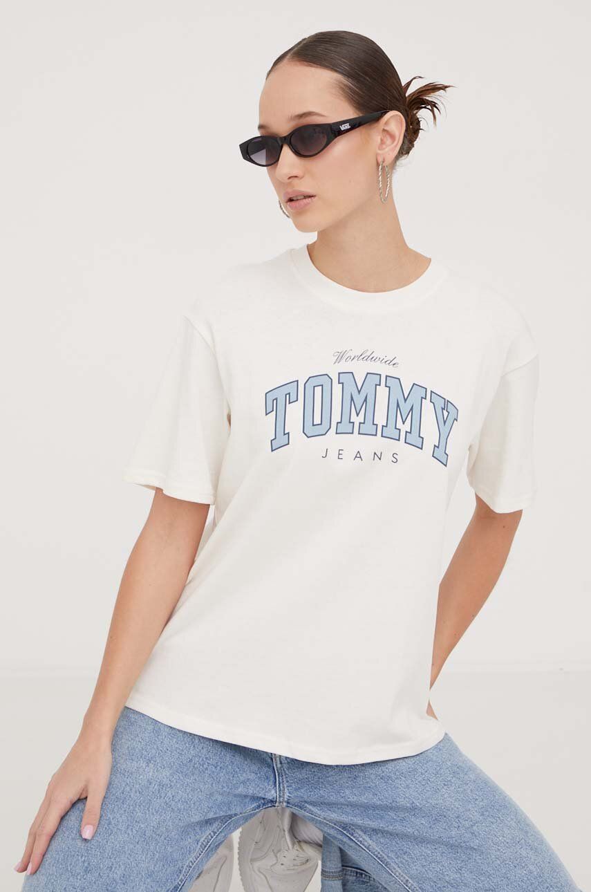 Tommy Jeans tricou din bumbac femei, culoarea bej DW0DW17375