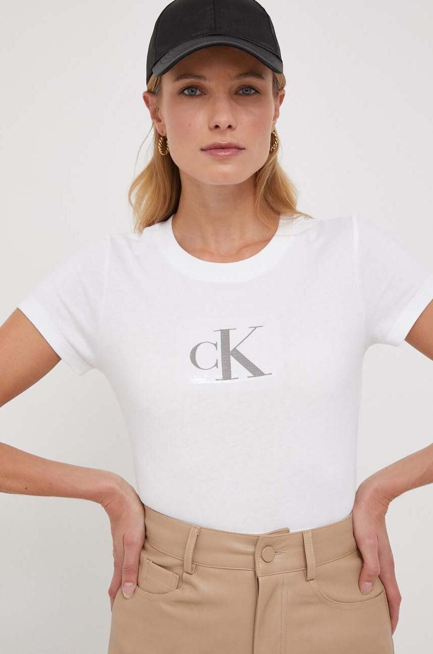 Levně Bavlněné tričko Calvin Klein Jeans bílá barva, J20J222961