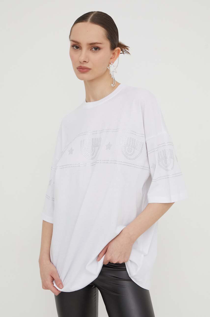Levně Bavlněné tričko Chiara Ferragni LOGOMANIA bílá barva, 76CBHG03