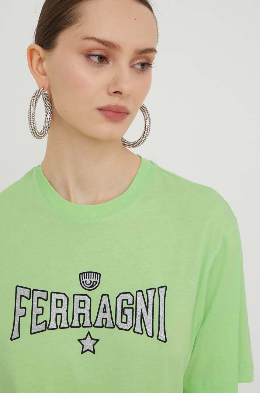 Levně Bavlněné tričko Chiara Ferragni STRETCH zelená barva, 76CBHC02