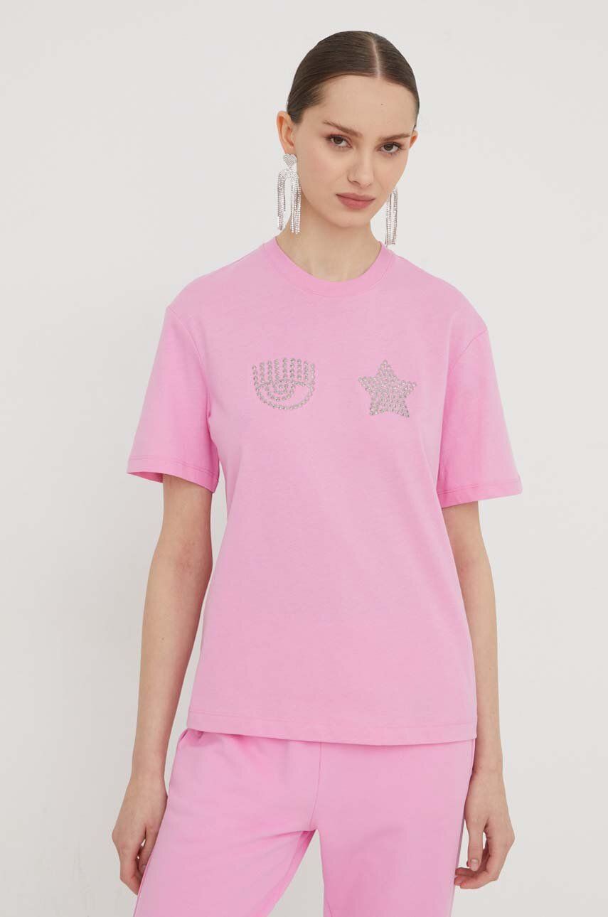 Levně Bavlněné tričko Chiara Ferragni EYE STAR růžová barva, 76CBHG01