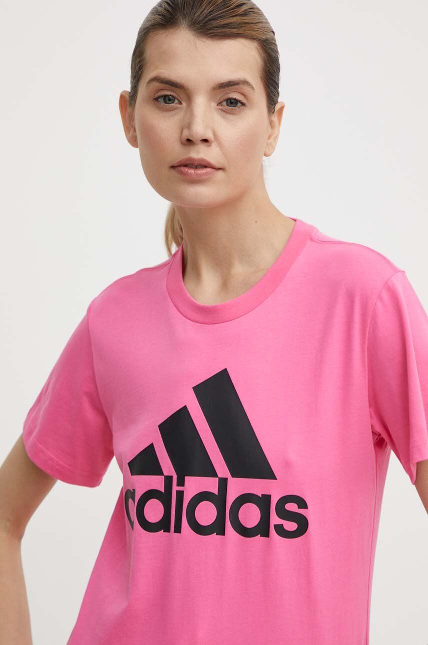Levně Bavlněné tričko adidas růžová barva, IR5413
