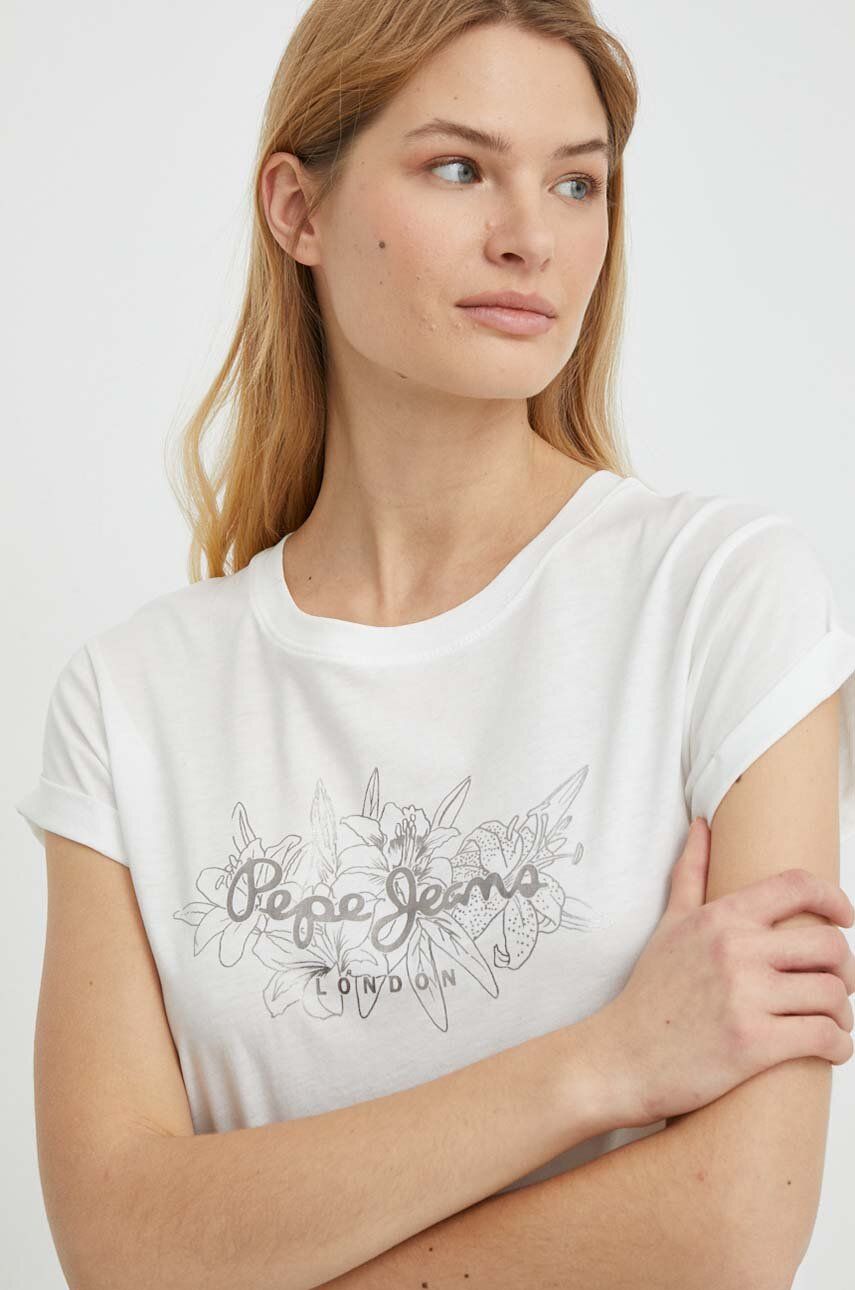 Pepe Jeans tricou din bumbac HELEN femei, culoarea alb
