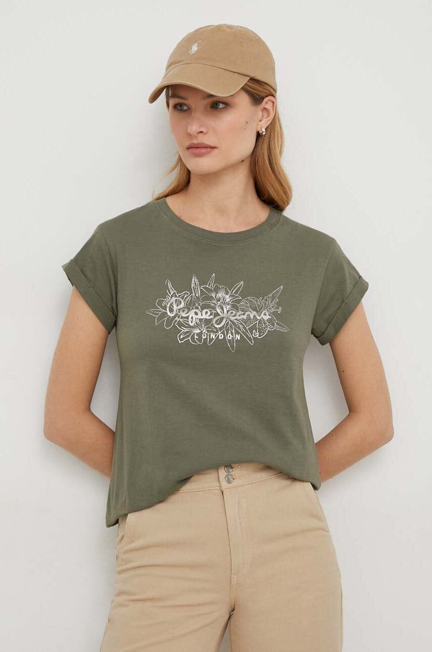 Pepe Jeans tricou din bumbac HELEN femei, culoarea verde