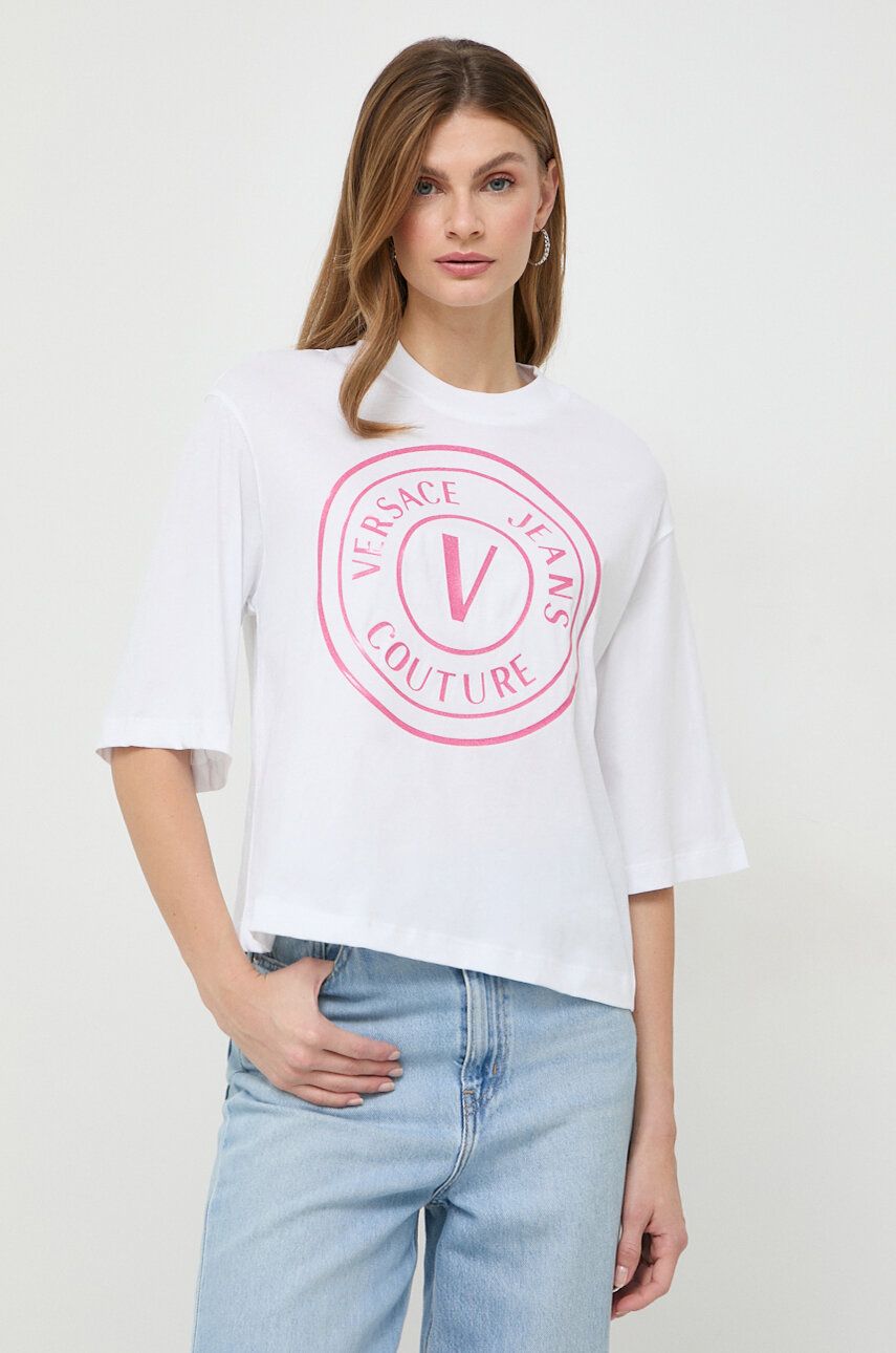 Levně Bavlněné tričko Versace Jeans Couture bílá barva, 76HAHG05 CJ00G