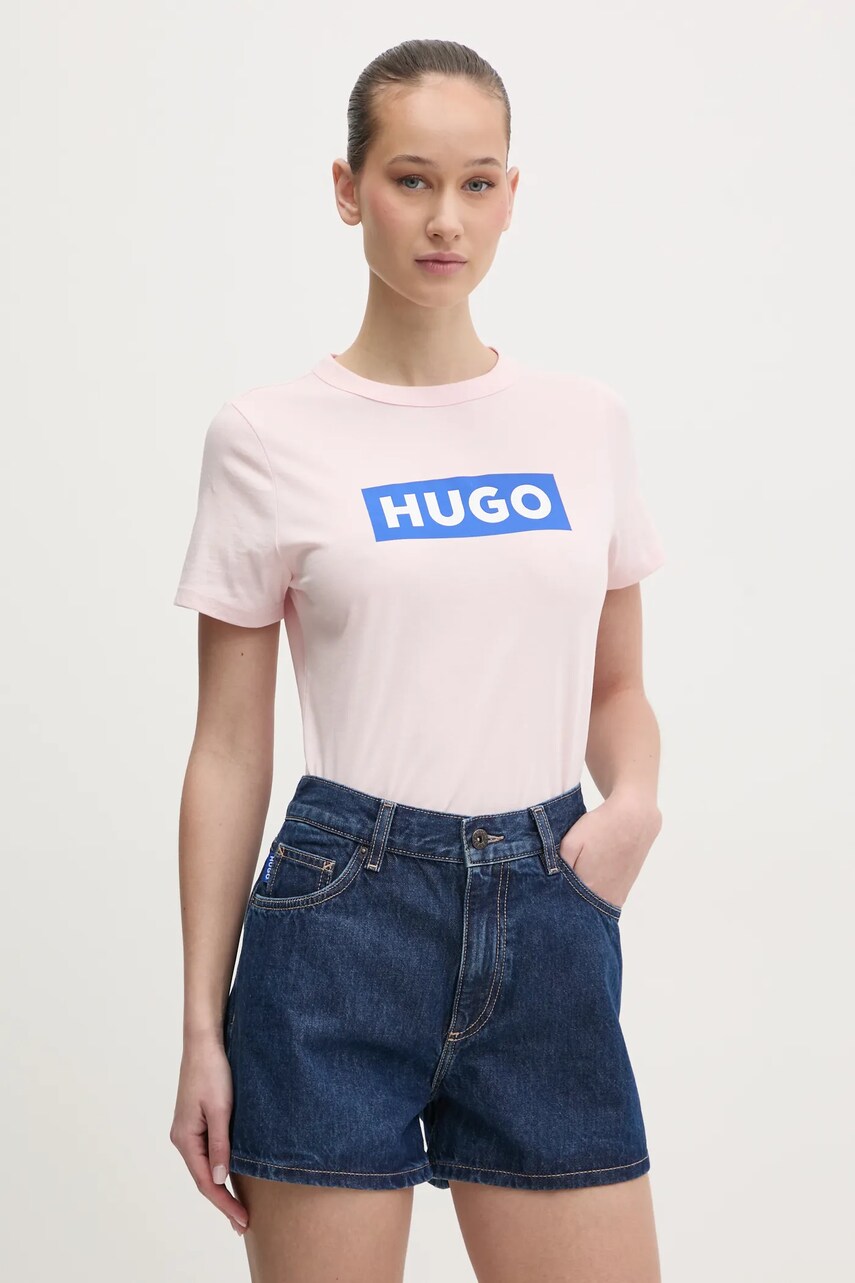 Levně Bavlněné tričko Hugo Blue růžová barva