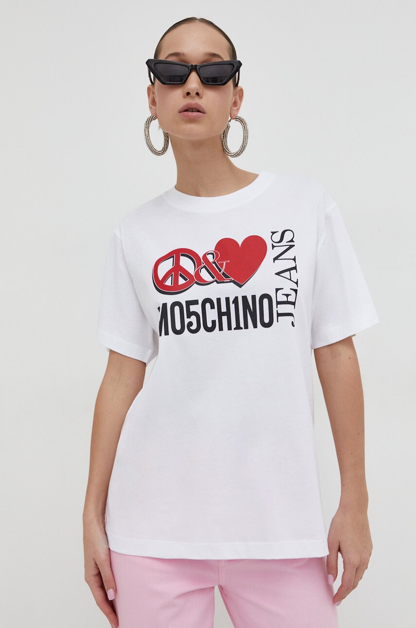 Levně Bavlněné tričko Moschino Jeans bílá barva