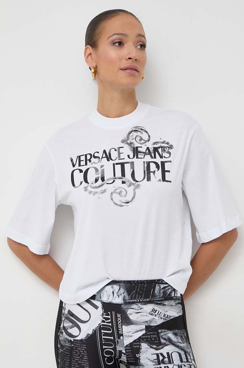 Bavlněné tričko Versace Jeans Couture bílá barva, 76HAHG01 CJ00G