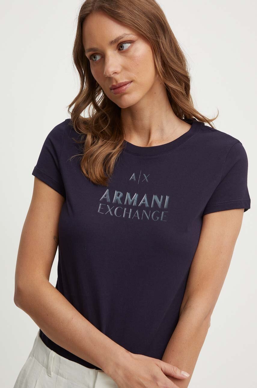 Armani Exchange tricou din bumbac femei, culoarea albastru marin