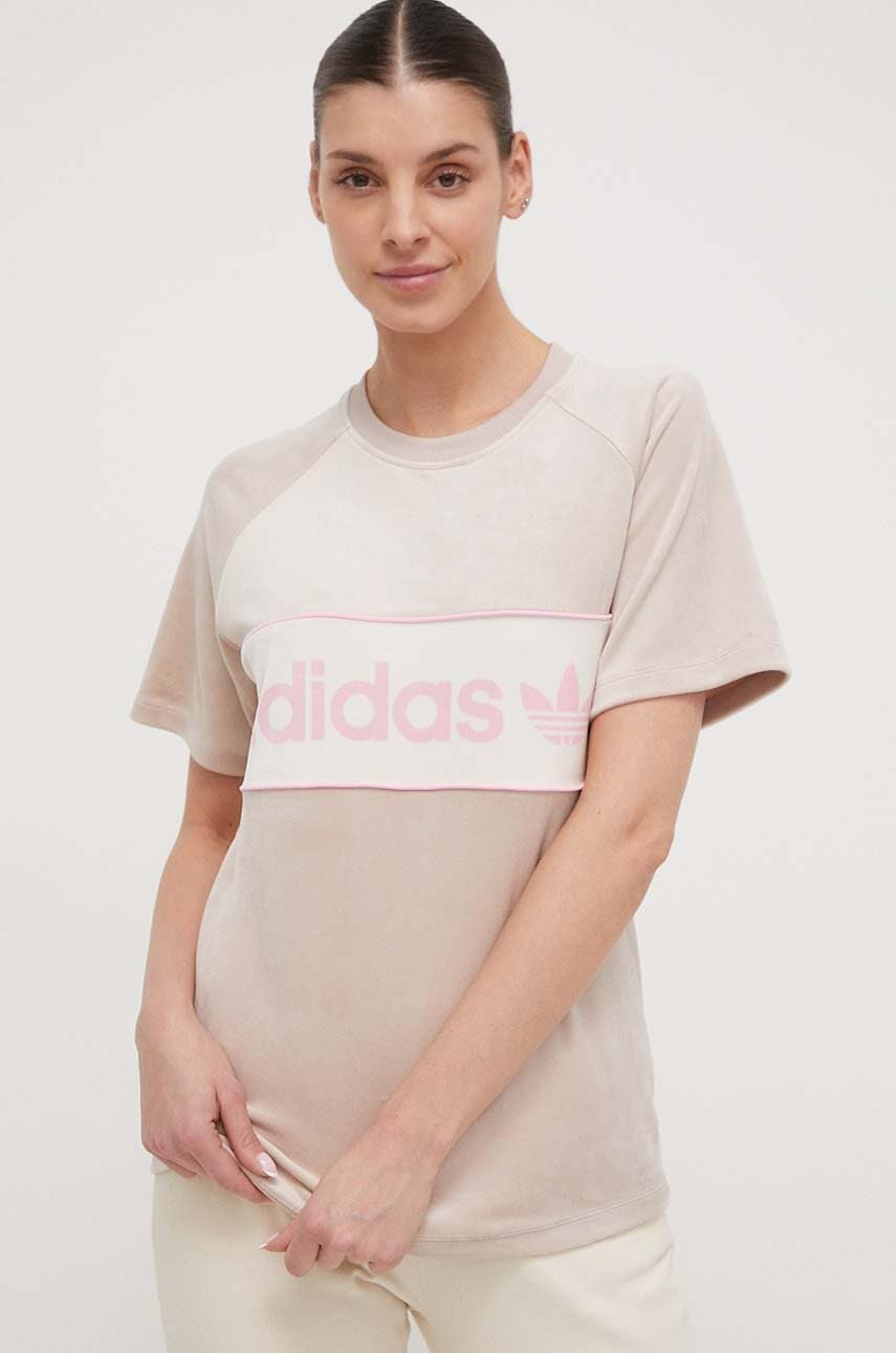 adidas Originals tricou din velur culoarea bej IR5276