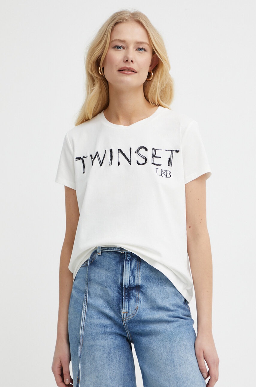 

Памучна тениска Twinset в бяло, Бежов